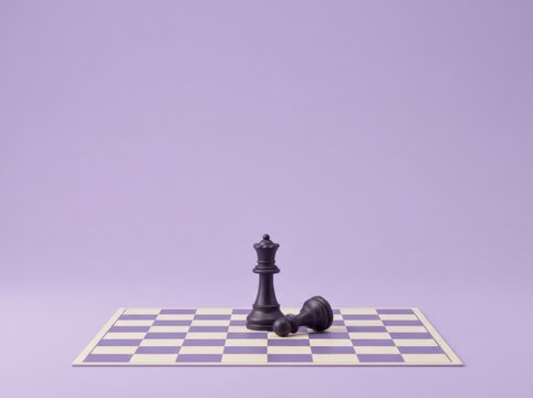 Dark chess queen standing over a fallen pawn on a lavender checkered board, representing victory, checkmate and strategic dominance in business