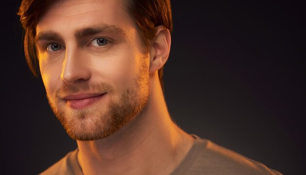 Retrato de hombre joven con barba y expresi&oacute;n amable sobre fondo oscuro con iluminaci&oacute;n c&aacute;lida lateral