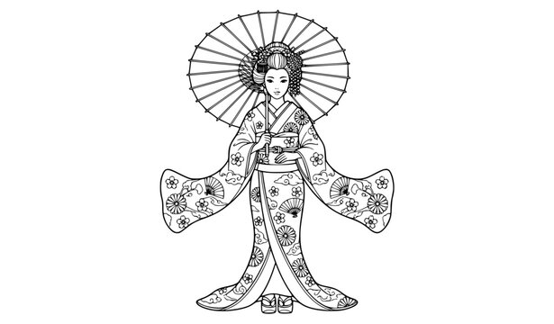 Beautiful Japanese Geisha Woman in Kimono with Paper Parasol Contour Vector Art