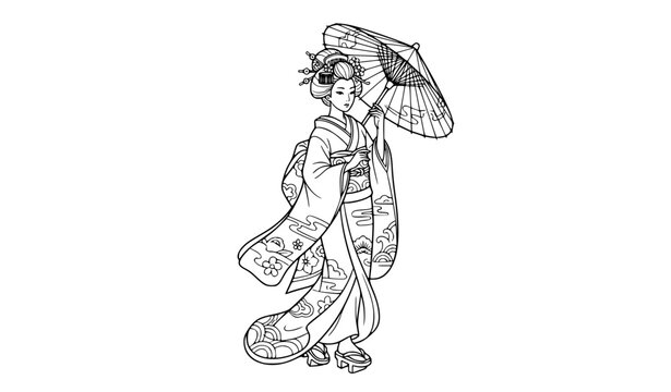Elegant Japanese Geisha in Traditional Kimono with Paper Parasol Contour Vector Illustration