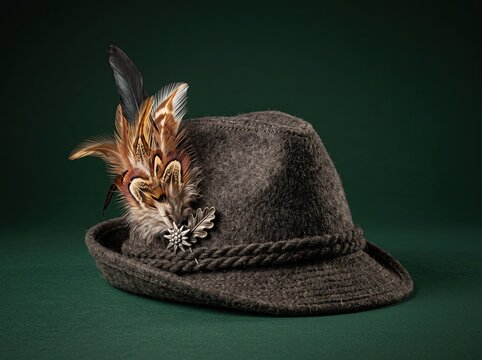 Traditional gray felt hat with feather decoration on dark background, rustic alpine style and handmade countryside accessory