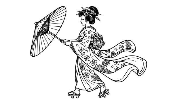 Japanese Geisha Walking in Kimono with Traditional Paper Umbrella Cartoon Vector