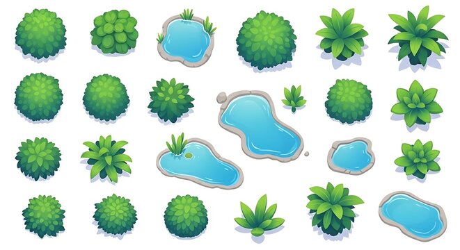 Set of isometric green bushes plants and garden ponds for park map
