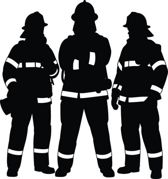 Three firefighters standing together, black silhouettes wearing protective gear and helmets with reflective stripes, isolated on a white background