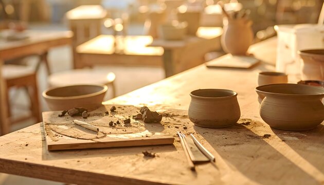 Mesa de trabajo de cer&aacute;mica con cuencos de barro, herramientas y restos de arcilla en un taller artesanal iluminado por luz c&aacute;lida
