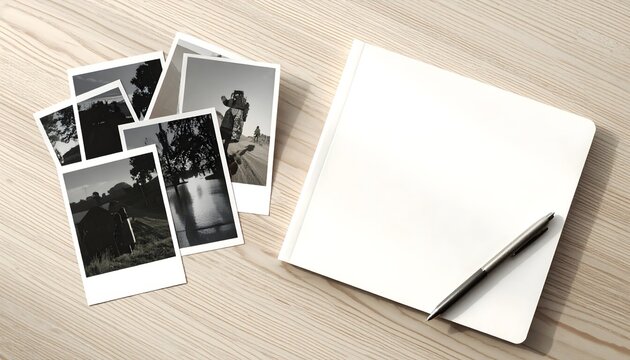 &Aacute;lbum de fotos cerrado junto a varias fotograf&iacute;as impresas en blanco y negro sobre una mesa de madera clara