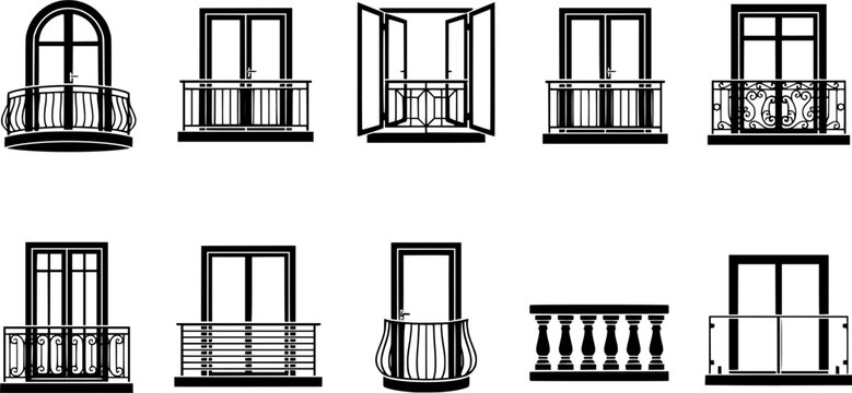 Architectural balcony and window railing icon vector set featuring classic wrought iron balustrades, French doors, arched window frames, glass railings, and stone balusters, black solid silhouettes
