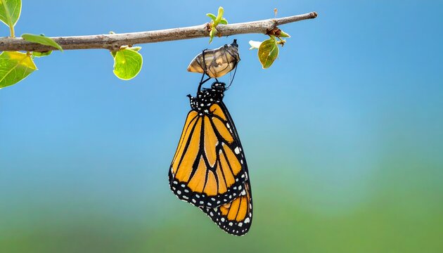 Mariposa monarca emergiendo de su cris&aacute;lida suspendida de una rama sobre fondo natural desenfocado