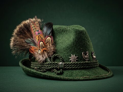Traditional rustic green hat with feather decoration on dark background, vintage countryside style and handmade cultural accessory