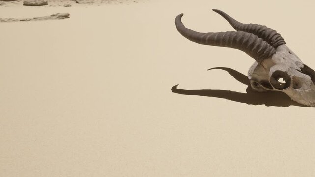 A skull with long horns rests on the dry sand. The bright sun shines down on the landscape, highlighting the features of the skull. Surrounding sand stretches into the distance.