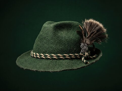 Traditional rustic green hat with feather decoration on dark background, vintage countryside style and handmade cultural accessory