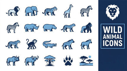Obraz premium Diverse vector collection of stylized blue wild animal icons, featuring safari wildlife such as lions, elephants, giraffes, and rhinos, for modern graphic design