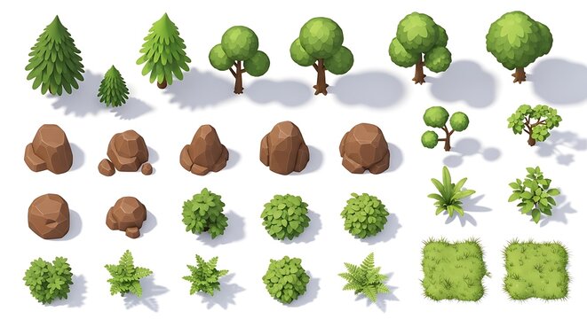 Set of isometric trees rocks and bushes isolated on white background