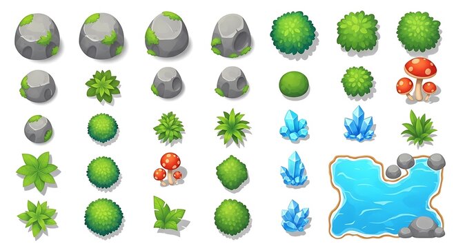 Set of game assets with rocks trees plants mushrooms and water pool