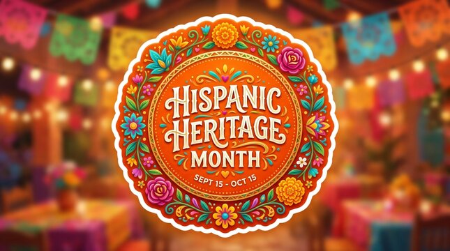 Hispanic Heritage Month decorative emblem with colorful floral ornaments and blurred festive fiesta background celebrating Latino culture.