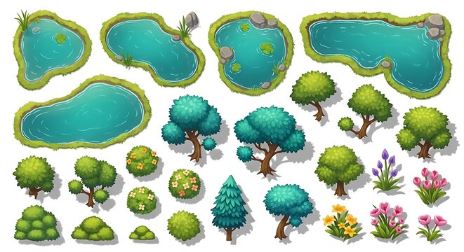 Set of cartoon lakes trees and bushes for game map design