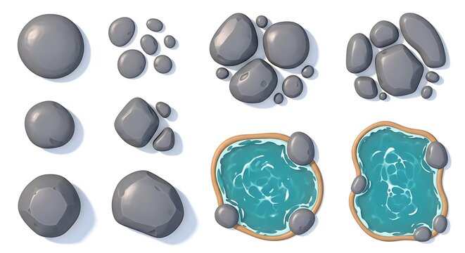 Set of grey river stones and small blue water ponds for game design