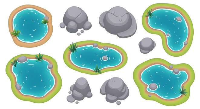 Set of top view blue ponds and grey rocks for game map design