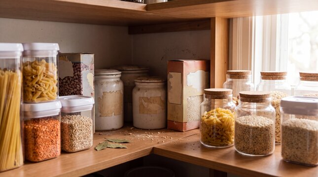 Messy pantry shelf with dry food containers and scattered crumbs