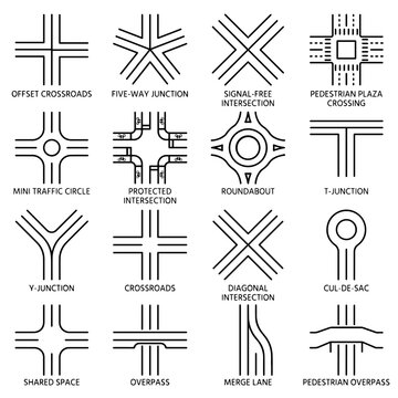 Set of sixteen linear showing various road intersection types, junctions, roundabouts, and pedestrian crossing layouts for urban planning