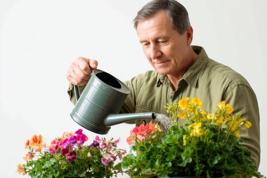 Caring for vibrant flowers a senior man waters colorful blooms in a pot showcasing the joy of gardening and nature. Enjoy tranquil moments with plants. Generative AI