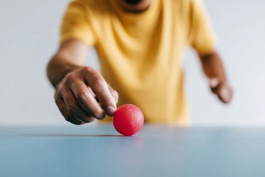 Close up of a person preparing to strike a ping pong ball on a blue table highlighting action and concentration in sports. Perfect for promoting table tennis and sports events. Generative AI