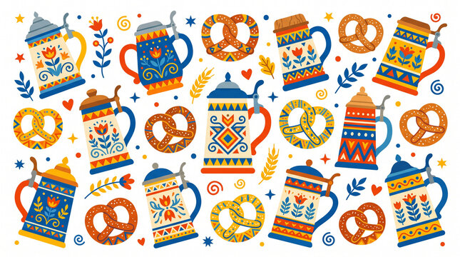 Pattern featuring traditional German beer steins and pretzels on white.