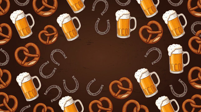 Pattern of beer mugs pretzels and horseshoes on dark.