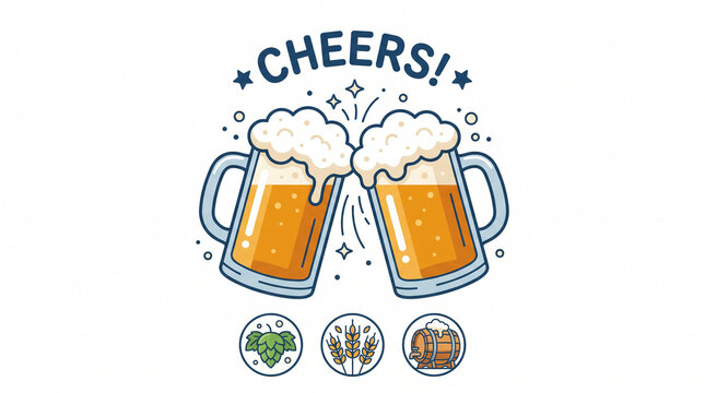 Two foaming beer mugs clinking with cheers text and hop icons.