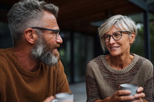 Happy couple enjoying coffee together in a cozy setting with warm atmosphere showcasing their connection and joy. Perfect for lifestyle concepts and ads. Generative AI