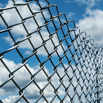 Closeup of a chain link fence against a blue sky with clouds.
