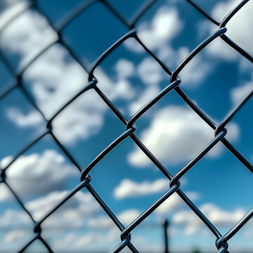 Closeup of a chain link fence against a bright blue sky with fluffy white clouds.