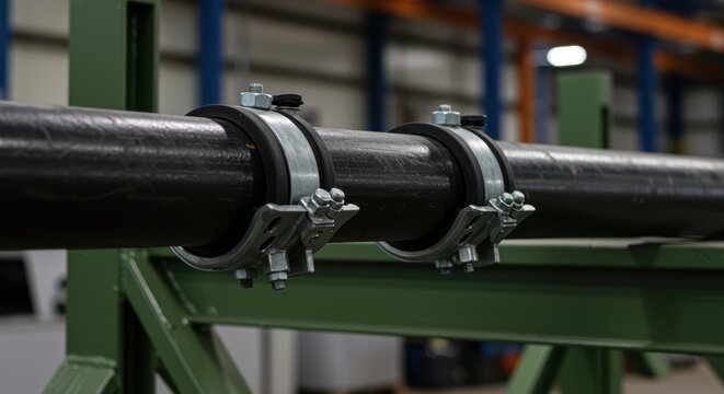 Pipe clamp securing black metal pipe on green industrial frame in factory setting
