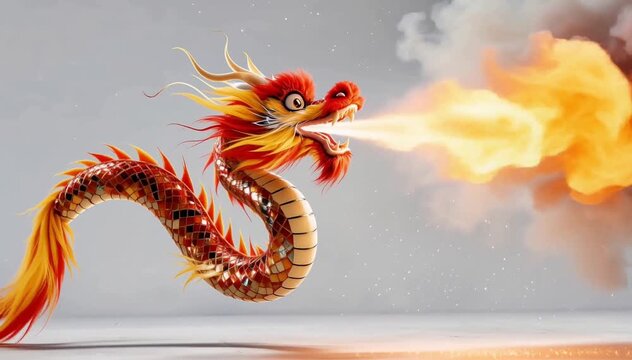 3D animated red and gold Chinese dragon flying and breathing fire in a grey cloudy background