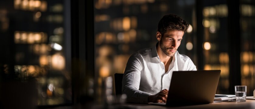Focused businessman working on laptop in modern office at night with city skyline in background. Concept of remote work and productivity. Generative AI