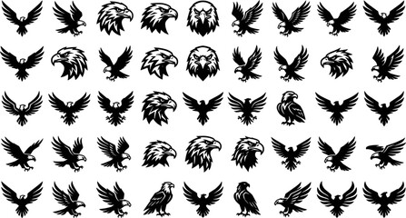 Fototapeta premium Eagle mascot and hawk head logo silhouette icon set vector illustration featuring fierce black stencils of flying hunting and perched predatory birds