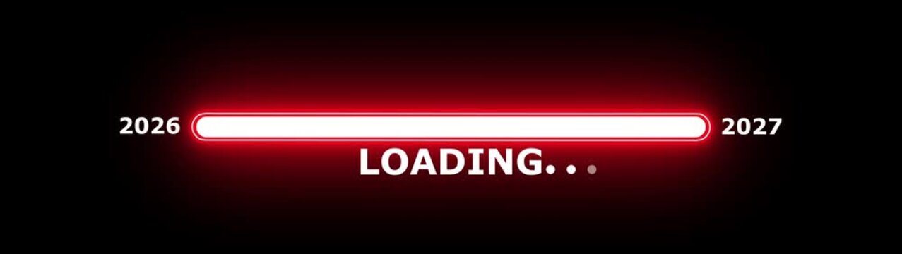 New year 2027 loading bar animation Year changing from 2026 to 2027. Loading bar from 2026 to 2027 new year transfer animation. Almost reaching New Year on black background.