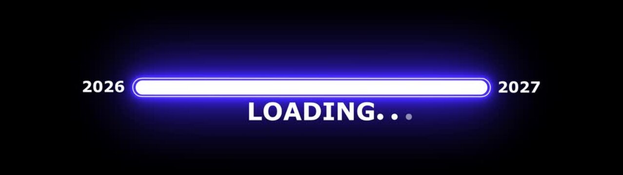 New year 2027 loading bar animation Year changing from 2026 to 2027. Loading bar from 2026 to 2027 new year transfer animation. Almost reaching New Year on black background.