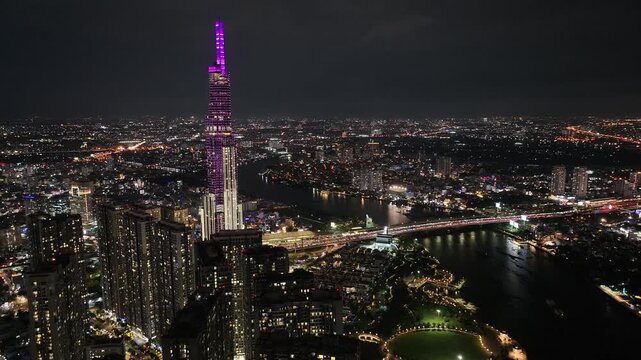 Aerial view of the skyline and nightscape of Ho Chi Minh City, Vietnam