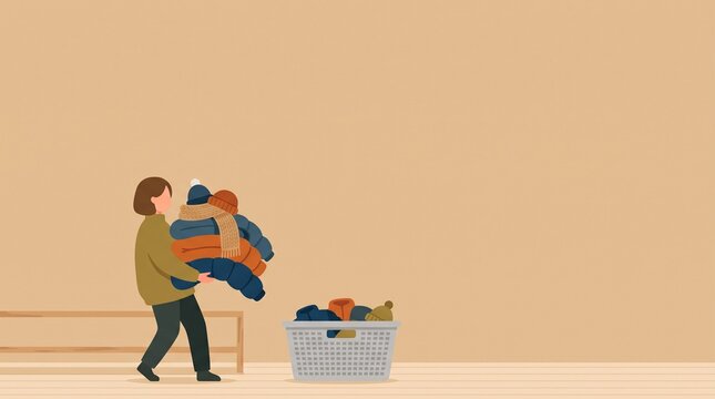 かさばる冬服を整理する人物と収納かご