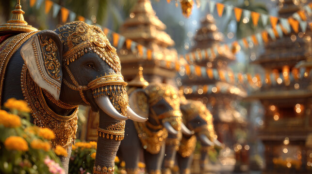 Onam with elephants in golden regalia, temples in background