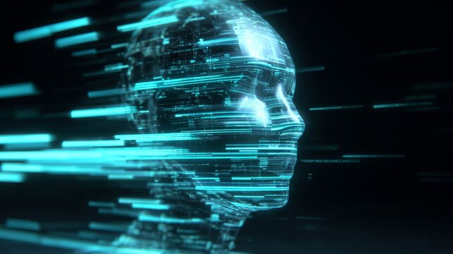 Digital human face dissolving into data streams