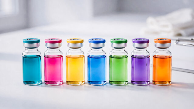 Flacons contenant un liquide color&eacute;, dans un laboratoire