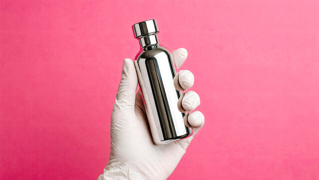 Main avec gant en latex blanc tenant une petite bonbonne de m&eacute;tal