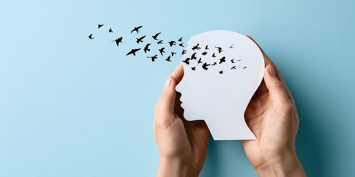 Release of anxiety and freedom of mind concept with flying birds leaving paper head silhouette, world mental health awareness