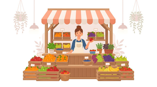 A woman selling fresh produce at a colorful outdoor market stall