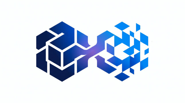 Modern blue gradient hexagon logo breaking into digital pixel fragments, symbolizing big data dispersion, cloud technology, digital transformation, and cyber network.