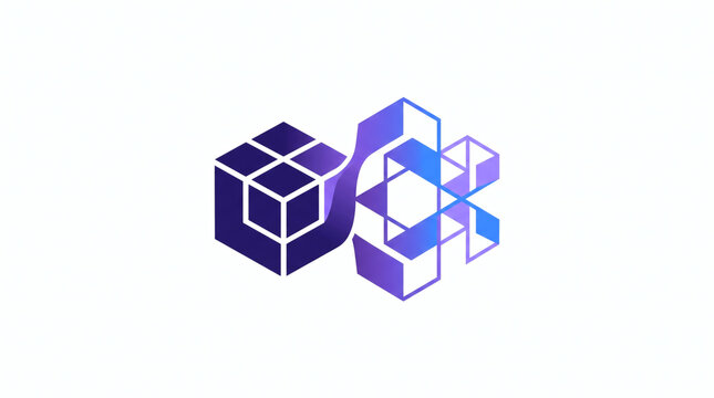 3D geometric cube logo symbol connecting with purple-blue fluid data stream, representing cloud computing, data transformation, modular software, and AI technology.