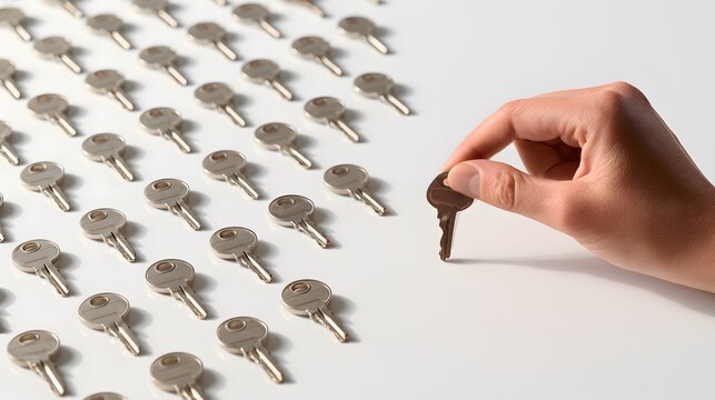 Hand w&auml;hlt den richtigen Schl&uuml;ssel als Symbol f&uuml;r Entscheidung L&ouml;sung und Erfolg