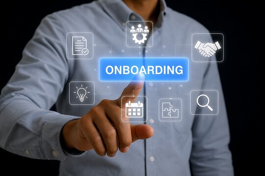 Finger pressing virtual onboarding button with icons on digital interface